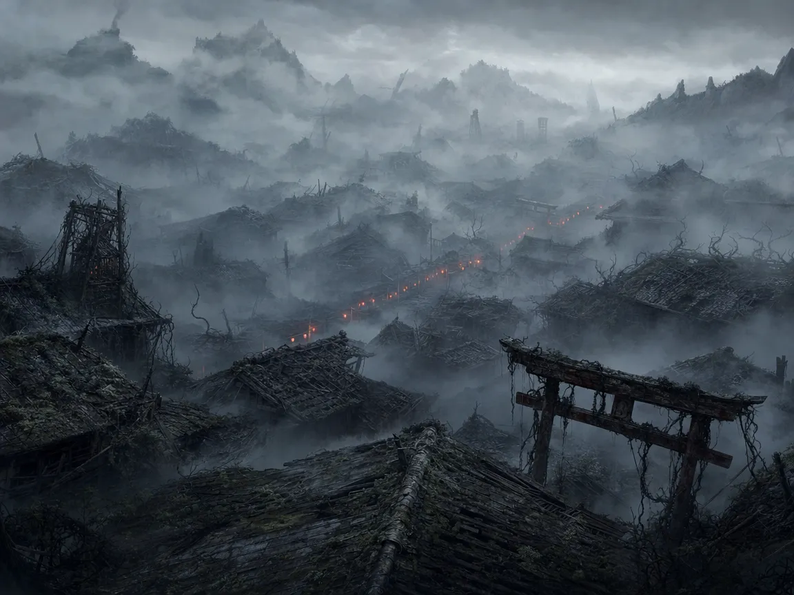 Ruined village rooftops layered in fog with a distant chain of ember-lit lanterns